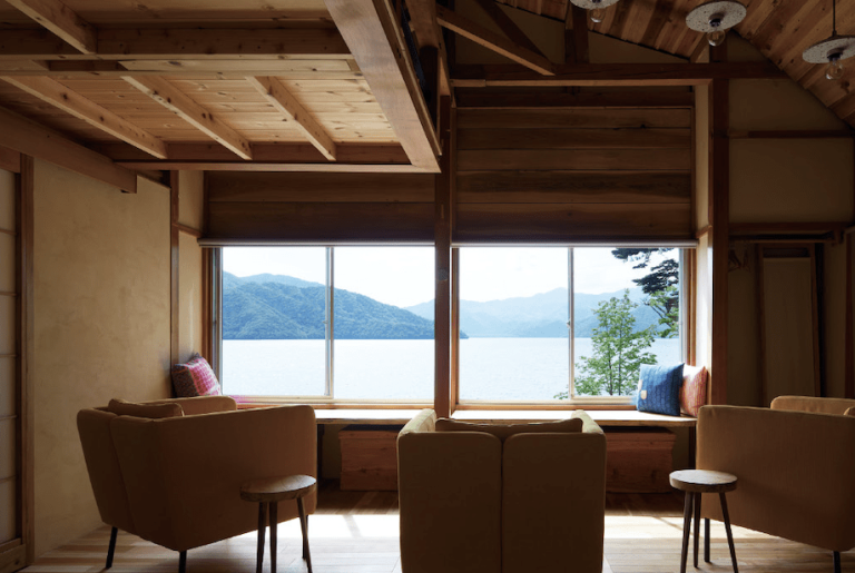 Interior of a Finnish-style villa overlooking a lake