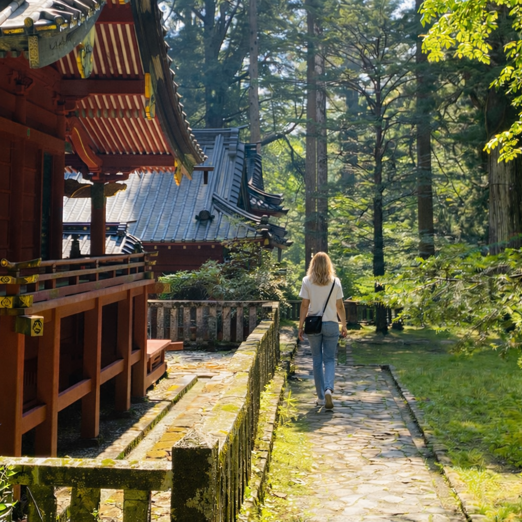 Woman walking along a stone path past traditional buildings in Nikko